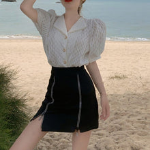 Load image into Gallery viewer, Women Two Piece Set Hollow Out Puff Pearl Lapel Short-sleeved Top Irregular High-waist A-line Package Hip Skirt Ensembles Femme