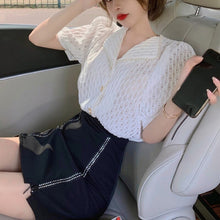 Load image into Gallery viewer, Women Two Piece Set Hollow Out Puff Pearl Lapel Short-sleeved Top Irregular High-waist A-line Package Hip Skirt Ensembles Femme