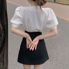 Load image into Gallery viewer, Women Two Piece Set Hollow Out Puff Pearl Lapel Short-sleeved Top Irregular High-waist A-line Package Hip Skirt Ensembles Femme