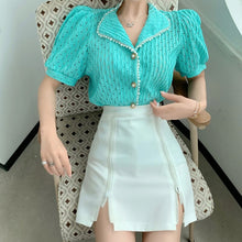 Load image into Gallery viewer, Women Two Piece Set Hollow Out Puff Pearl Lapel Short-sleeved Top Irregular High-waist A-line Package Hip Skirt Ensembles Femme