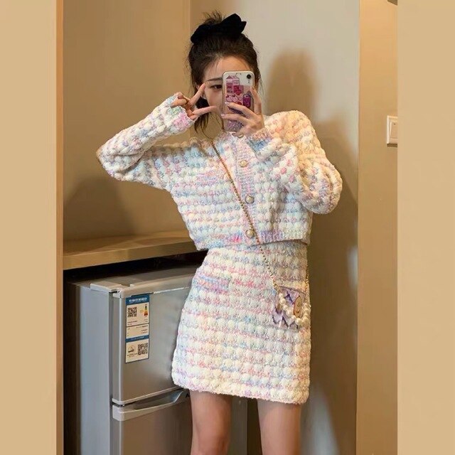 Women Two Piece Set Sweet Multicolor Knit Long Sleeve-Casual Cardigan Crop Sweater+Bodycon Skirt Female Knitwear 2 Piece Outfits