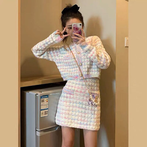 Women Two Piece Set Sweet Multicolor Knit Long Sleeve-Casual Cardigan Crop Sweater+Bodycon Skirt Female Knitwear 2 Piece Outfits