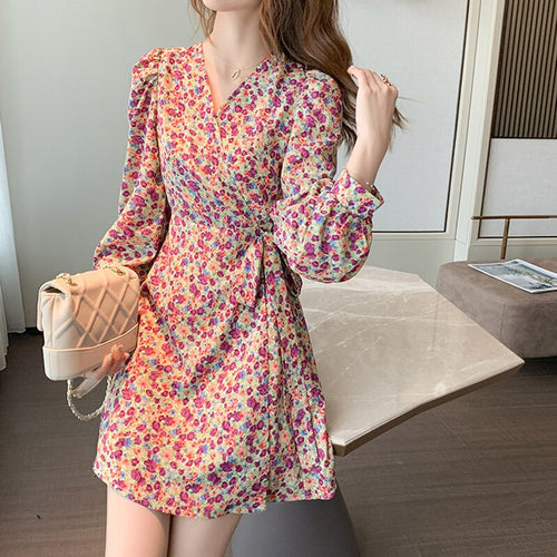 Women V-neck Floral Dress Chiffon Sweet Sexy Short Skirt Spring Autumn Fashion Temperament Dresses Korean Long-Sleeve Dress