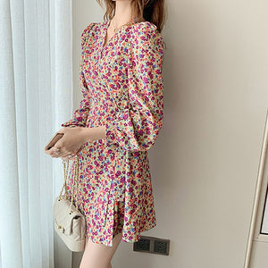 Women V-neck Floral Dress Chiffon Sweet Sexy Short Skirt Spring Autumn Fashion Temperament Dresses Korean Long-Sleeve Dress