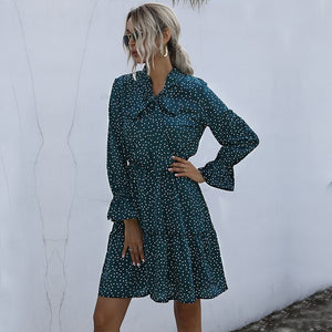 Women Vintage Dot Printed Dress Casual Butterfly Collar Long Sleeve Ruffle Dress Autumn Elegant A Line Dresses 2021 Fashion New