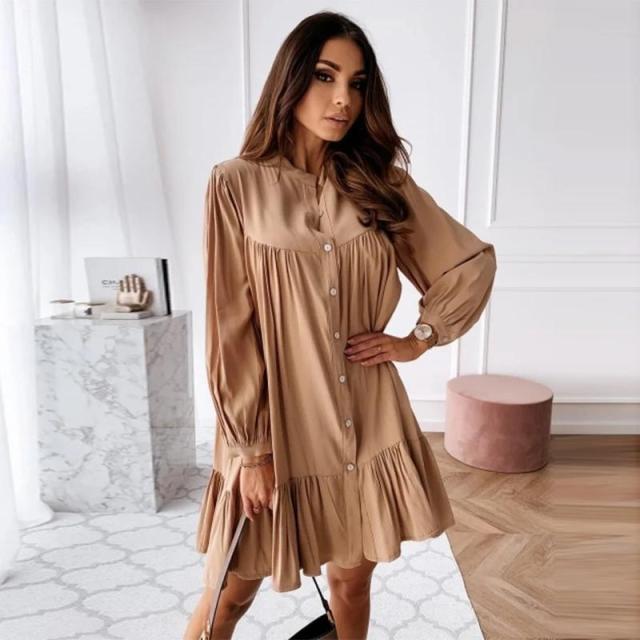 Women Vintage Ruffled Front Button A-line Dress Long Sleeve Stand Collar Solid Elegant Casual Mini Dress 2020 Autumn New Dress