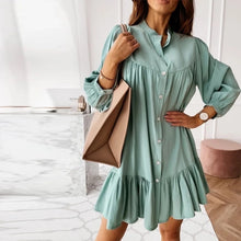 Load image into Gallery viewer, Women Vintage Ruffled Front Button A-line Dress Long Sleeve Stand Collar Solid Elegant Casual Mini Dress 2020 Autumn New Dress