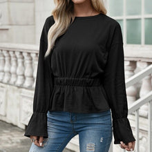 Load image into Gallery viewer, Women Vintage Ruffles Pullover Blouse Casual O Neck Long Sleeve Elastic Waist Streetwear Shirt Spring New Arrival Solid Blouse