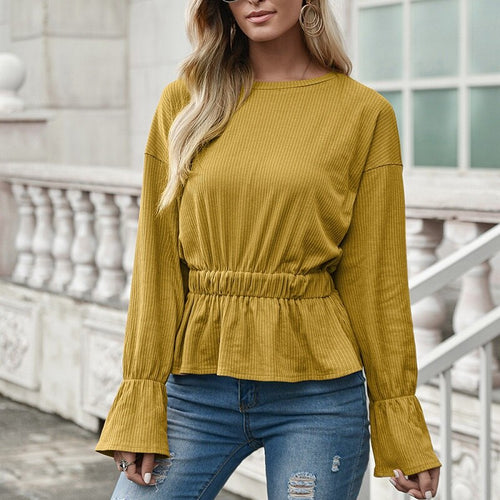 Women Vintage Ruffles Pullover Blouse Casual O Neck Long Sleeve Elastic Waist Streetwear Shirt Spring New Arrival Solid Blouse