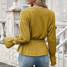 Load image into Gallery viewer, Women Vintage Ruffles Pullover Blouse Casual O Neck Long Sleeve Elastic Waist Streetwear Shirt Spring New Arrival Solid Blouse