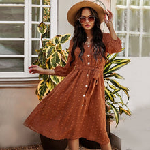Load image into Gallery viewer, Women Vintage Solid Color A-Line Dress Casual V Neck Three Quarter Sleeve Single Breasted Sashes Dress Spring New Fashion Dress