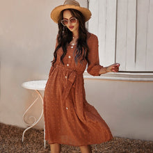 Load image into Gallery viewer, Women Vintage Solid Color A-Line Dress Casual V Neck Three Quarter Sleeve Single Breasted Sashes Dress Spring New Fashion Dress