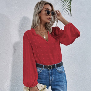 Women Vintage Solid Color Shirt Sexy V Neck Lantern Long Sleeve See Through Blouse 2021 Spring Fashion Female Shirt New Arrival