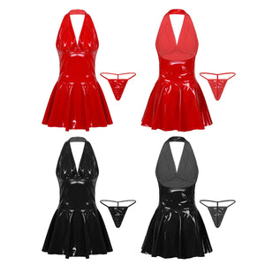 Women Wetlook Patent Leather Dresses Sleeveless Backless Elasticity Deep V Neck Bodycon Mini Dress for Cocktail Party Clubwear