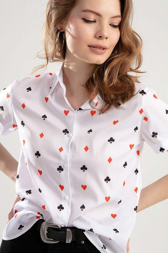 Women White Cards Printed Double Sleeve Shirt Shirts 2021 Fashion