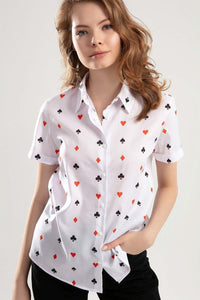 Women White Cards Printed Double Sleeve Shirt Shirts 2021 Fashion