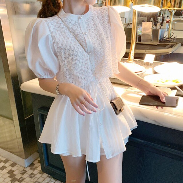 Women White Long Shirts Shorts Two Piece Sets Lace Splicing Short Sleeve Drawstring Blouse+Mini Pant Suits 2021 Summer Fashion