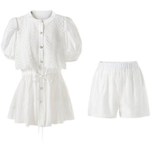 Load image into Gallery viewer, Women White Long Shirts Shorts Two Piece Sets Lace Splicing Short Sleeve Drawstring Blouse+Mini Pant Suits 2021 Summer Fashion