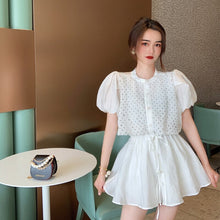 Load image into Gallery viewer, Women White Long Shirts Shorts Two Piece Sets Lace Splicing Short Sleeve Drawstring Blouse+Mini Pant Suits 2021 Summer Fashion