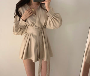 Women White Long Shirts Shorts Two Piece Sets Lantern Sleeve Belt Blouse + Mini Pant Suits 2020 Summer Fashion OL Clothing Set