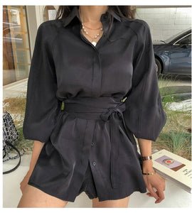 Women White Long Shirts Shorts Two Piece Sets Lantern Sleeve Belt Blouse + Mini Pant Suits 2020 Summer Fashion OL Clothing Set