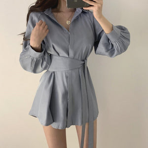 Women White Long Shirts Shorts Two Piece Sets Lantern Sleeve Belt Blouse + Mini Pant Suits 2020 Summer Fashion OL Clothing Set