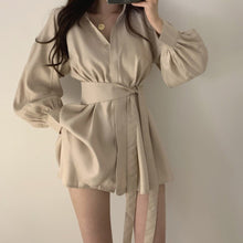Load image into Gallery viewer, Women White Long Shirts Shorts Two Piece Sets Lantern Sleeve Belt Blouse + Mini Pant Suits 2020 Summer Fashion OL Clothing Set