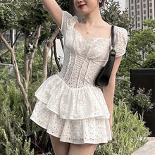 Load image into Gallery viewer, Women White Patchwork Ruffles Lace Hollow Out Dress New Square Neck Short Puff Sleeve Slim Fit Fashion Tide Summer 2021 Vestidos