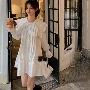 Women White Shirt Dress Sexy V-Neck Fashion Retro Bottom High Waist Dresses Thin Long-Sleeve Autumn Temperament Midi Dress