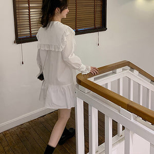 Women White Shirt Dress Sexy V-Neck Fashion Retro Bottom High Waist Dresses Thin Long-Sleeve Autumn Temperament Midi Dress