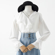 Load image into Gallery viewer, Women White Shirts Summer New 2021 Ruffles Neck Flare Sleeved Loose Chiffon Office Lady Elegant Blouse Outwear Tops