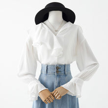 Load image into Gallery viewer, Women White Shirts Summer New 2021 Ruffles Neck Flare Sleeved Loose Chiffon Office Lady Elegant Blouse Outwear Tops