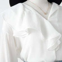 Load image into Gallery viewer, Women White Shirts Summer New 2021 Ruffles Neck Flare Sleeved Loose Chiffon Office Lady Elegant Blouse Outwear Tops