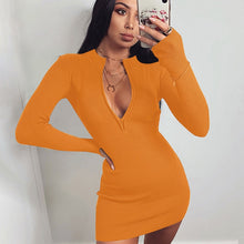 Load image into Gallery viewer, Women Winter Fall Bodycon Ribbed Dress 2020 New Stand Collar Zipper Deep V-neck Solid Stretch Bodycon Pencil Party Mini Vestido