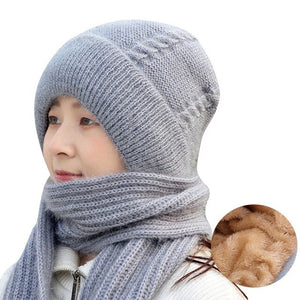 Women Winter Knitted Windproof Cap Scarf Knitting Thickening Hat Female Wool Hat Plus Velvet Ski Mask Hat Ear Protection Cap New