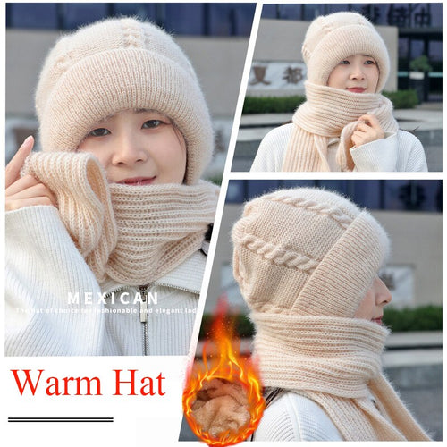 Women Winter Knitted Windproof Cap Scarf Knitting Thickening Hat Female Wool Hat Plus Velvet Ski Mask Hat Ear Protection Cap New