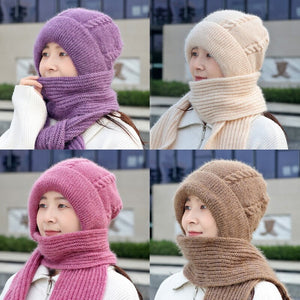 Women Winter Knitted Windproof Cap Scarf Knitting Thickening Hat Female Wool Hat Plus Velvet Ski Mask Hat Ear Protection Cap New