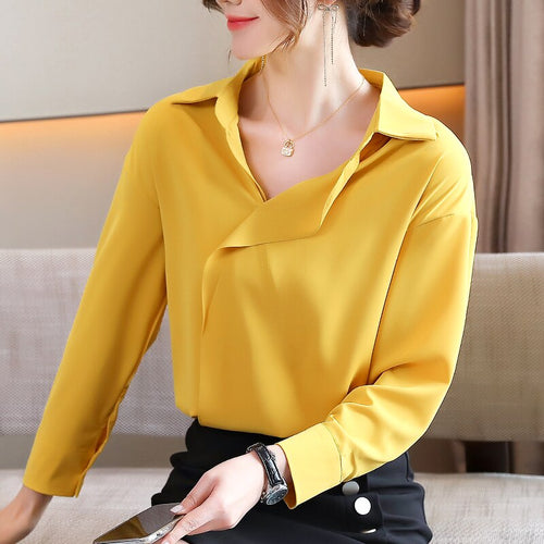 Women Yellow Chiffon Shirt New 2021 Spring Autumn Long Sleeve Blouse Shirt Elegant Loose Vintage Tops Office Lady