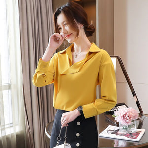Women Yellow Chiffon Shirt New 2021 Spring Autumn Long Sleeve Blouse Shirt Elegant Loose Vintage Tops Office Lady