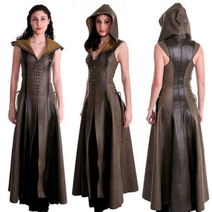 Women fashion Sexy Slim Lace Up Leather Medieval Ranger Long Dress Adult Coats Cosplay disfraz mujer Costume Halloween