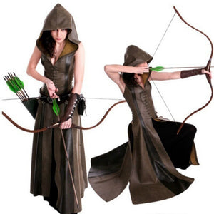 Women fashion Sexy Slim Lace Up Leather Medieval Ranger Long Dress Adult Coats Cosplay disfraz mujer Costume Halloween