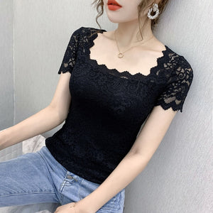 Women lace tops New 2020 Summer short sleeve lace shirt Square collar women tshirt Solid color summer tops blusas