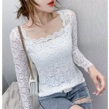 Load image into Gallery viewer, Women lace tops New 2020 Summer short sleeve lace shirt Square collar women tshirt Solid color summer tops blusas