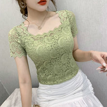 Load image into Gallery viewer, Women lace tops New 2020 Summer short sleeve lace shirt Square collar women tshirt Solid color summer tops blusas