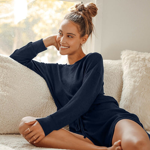 Women's 2021 New European And American Style Fashion Loose Long-sleeved Blue Casual Sports Shorts Suit Women's Home Service