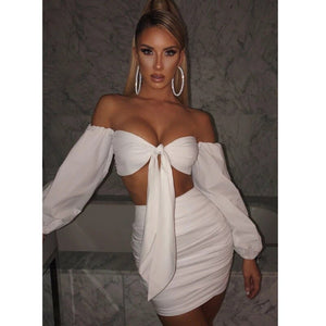 Women's 2021 Summer New Product Sexy Wrapped Chest Long Sleeve Vest Pleated Short Skirt Set