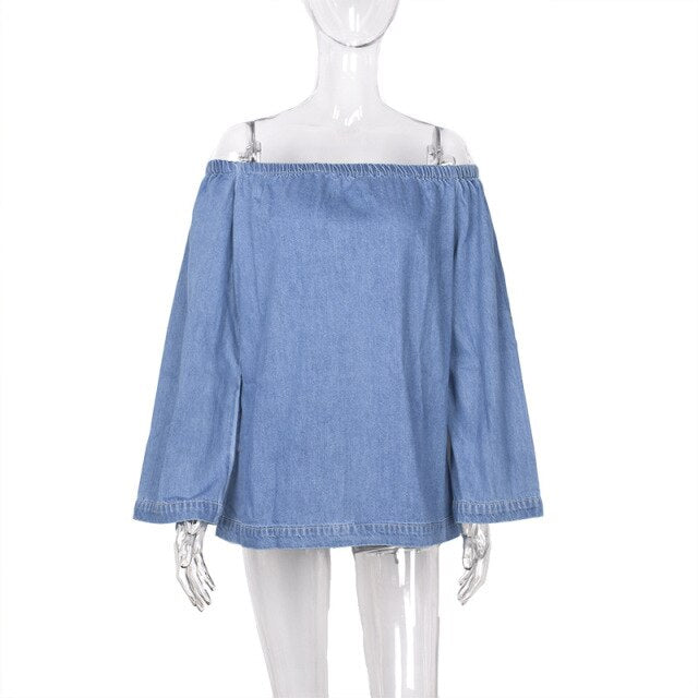 Women's 2021 summer one-line collar off-shoulder long-sleeved denim shirt