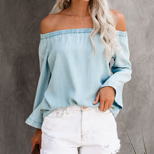 Load image into Gallery viewer, Women&#39;s 2021 summer one-line collar off-shoulder long-sleeved denim shirt