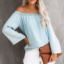 Load image into Gallery viewer, Women&#39;s 2021 summer one-line collar off-shoulder long-sleeved denim shirt