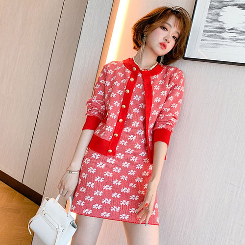 Women's Autumn Flower Single-Breasted Knitted Cardigan + Short-Sleeved Dress Two-Piece Suits Red